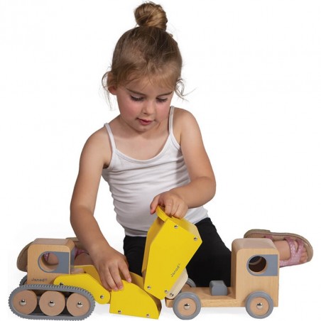 Camion jouet - Chantier, camion benne pelleteuse enfant Bolid - Janod