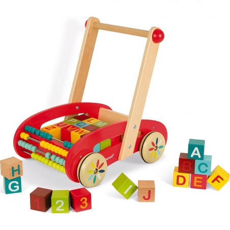 Chariot de marche en bois avec cubes - Trotteur bébé - Janod