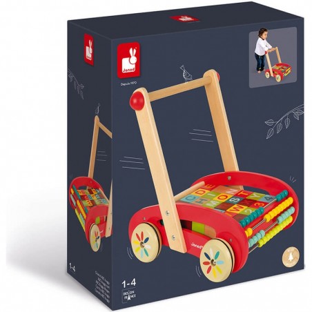 Chariot de marche en bois avec cubes - Trotteur bébé - Janod