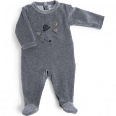 Pyjama bébé 3 mois velours gris chiné tête chat Les Moustaches - Moulin Roty