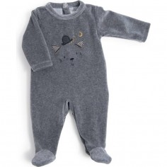 Pyjama 6 mois velours gris chiné tête chat Les Moustaches - Moulin Roty