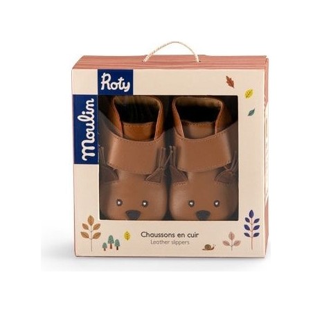 Chaussons cuir écureuil camel Pomme des bois 6/12 mois - Moulin Roty
