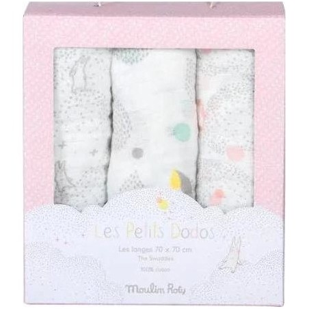 Set de 3 langes gris/blanc/rose Les Petits dodos