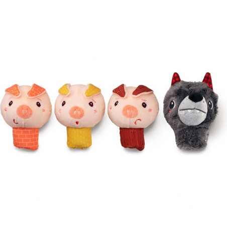 4 marionnettes le loup et les 3 cochons à doigts en tissu - Lilliputiens