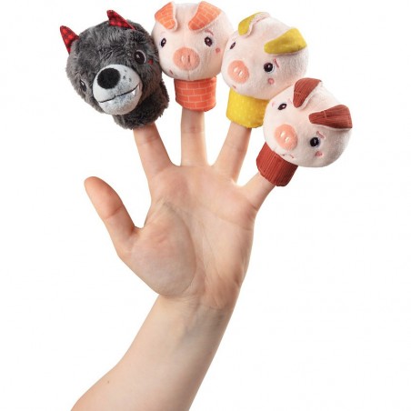 4 marionnettes le loup et les 3 cochons à doigts en tissu - Lilliputiens