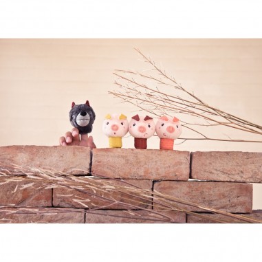 4 marionnettes le loup et les 3 cochons à doigts en tissu - Lilliputiens