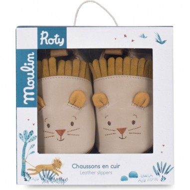 Chaussons cuir lion beige Sous mon baobab 0/6 m - Moulin Roty