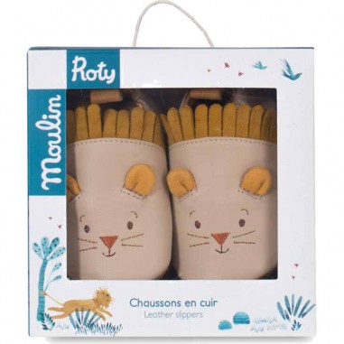 Chaussons cuir lion beige Sous mon baobab 12/18 m - Moulin Roty