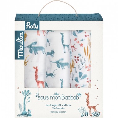Set de 3 langes imprimés (bleu/girafe/animaux) Sous mon baobab - Moulin Roty