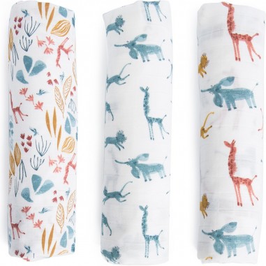 Set de 3 langes imprimés (bleu/girafe/animaux) Sous mon baobab - Moulin Roty