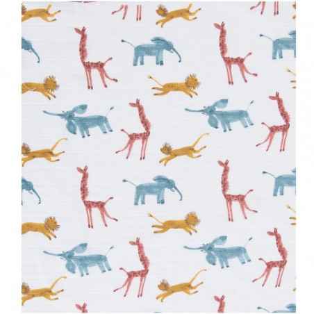 Set de 3 langes imprimés (bleu/girafe/animaux) Sous mon baobab - Moulin Roty
