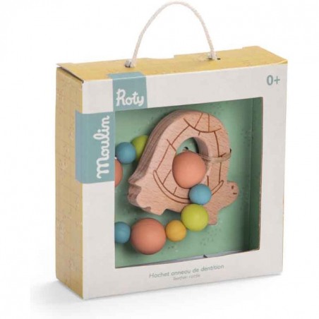 Hochet anneau de dentition bois et silicone Trois Petits Lapins Moulin Roty