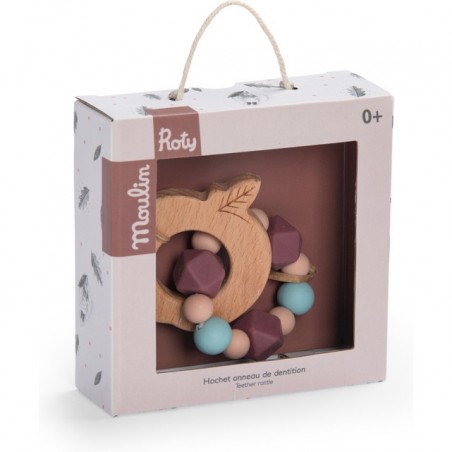 Hochet anneau de dentition bois et silicone pomme Après la pluie - Moulin Roty