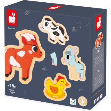 Puzzle en bois animaux de la Ferme pour enfant bébé 12 / 18 mois avec  boutons à attraper.