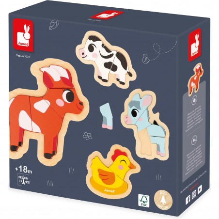 Puzzles bois bébé - Set 3 puzzles animaux Ferme, enfant 18 mois - Janod