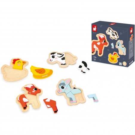 Puzzles bois bébé - Set 3 puzzles animaux Ferme, enfant 18 mois - Janod