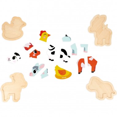 Puzzles bois bébé - Set 3 puzzles animaux Ferme, enfant 18 mois - Janod
