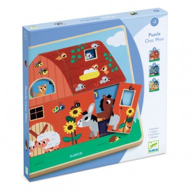 Puzzle 3 niveaux Chez Moo - Puzzle en bois - Djeco