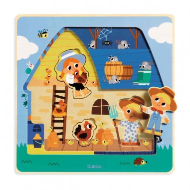 Puzzle 3 niveaux Chez Moo - Puzzle en bois - Djeco
