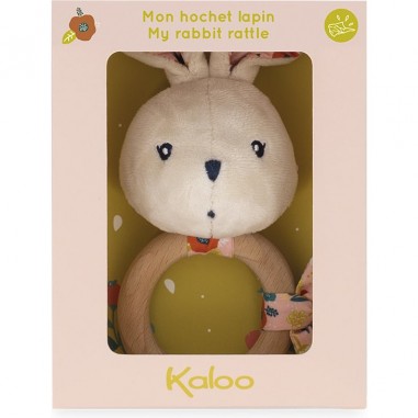 Hochet bébé - Hochet en bois, peluche lapin rose - Kaloo
