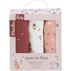 Set de 3 langes imprimés coton Bio Après la pluie - Moulin Roty