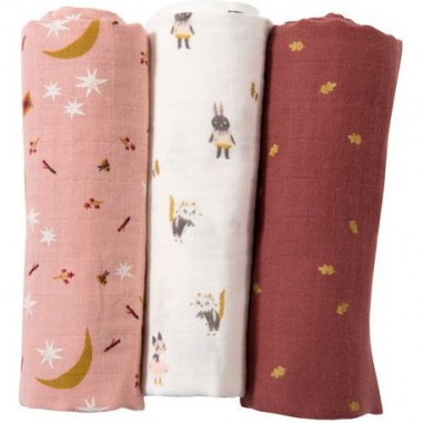 Set de 3 langes imprimés coton Bio Après la pluie - Moulin Roty