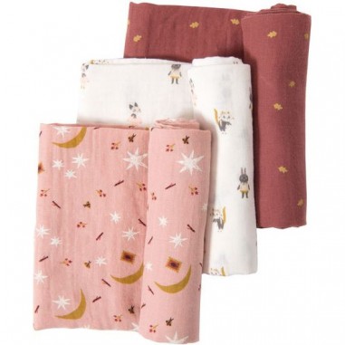 Set de 3 langes imprimés coton Bio Après la pluie - Moulin Roty