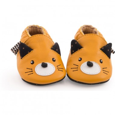 Chaussons cuir chat moutarde Les moustaches 0/6 m - Moulin Roty