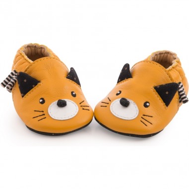 Chaussons Cuir Chat Moutarde Les Moustaches 0/6 Mois - Moulin Roty