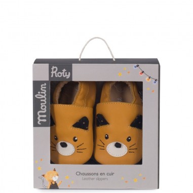 Chaussons Cuir Chat Moutarde Les Moustaches 0/6 Mois - Moulin Roty