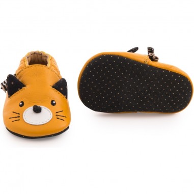 Chaussons Cuir Chat Moutarde Les Moustaches 12/18 Mois - Moulin Roty