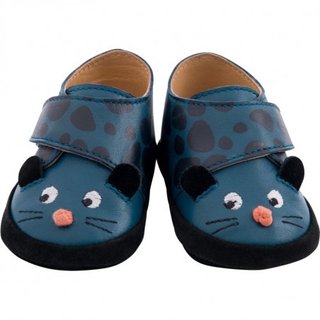 Chaussons Naissance Bleu Cuir Panthère Dans la Jungle - Moulin Roty
