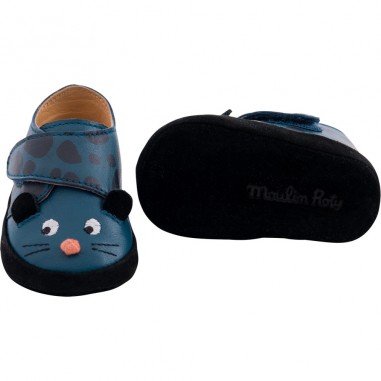 Chaussons Naissance Bleu Cuir Panthère Dans la Jungle - Moulin Roty