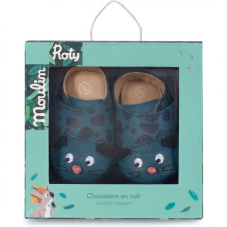 Chaussons Naissance Bleu Cuir Panthère Dans la Jungle - Moulin Roty