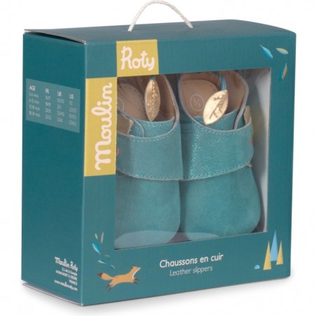 Chaussons cuir oie bleu Le voyage d'Olga 18/24 m - Moulin Roty