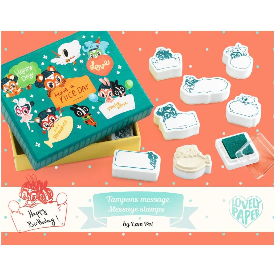 Lovely Paper By Djeco Coffret de 8 tampons à message