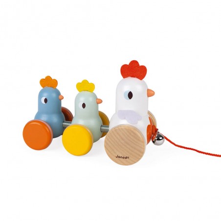 Jouet à tirer en bois pour bébé - Poule et poussins à promener - Janod