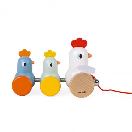 Jouet à tirer en bois pour bébé - Poule et poussins à promener - Janod