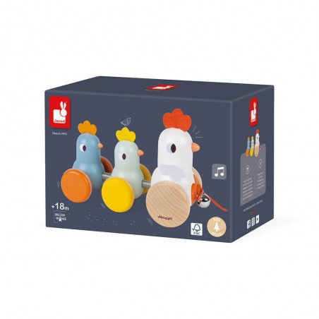 Jouet à tirer en bois pour bébé - Poule et poussins à promener - Janod