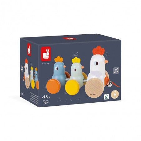 Jouet à tirer en bois pour bébé - Poule et poussins à promener - Janod