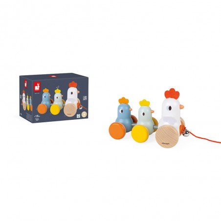 Jouet à tirer en bois pour bébé - Poule et poussins à promener - Janod