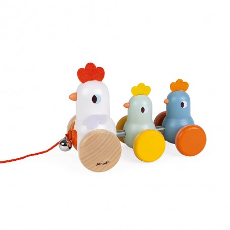 Jouet à tirer en bois pour bébé - Poule et poussins à promener - Janod