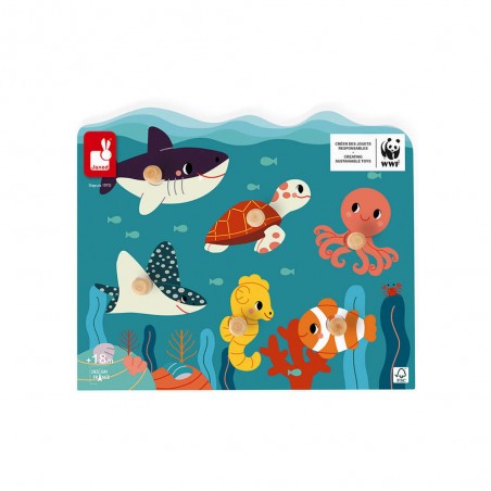 Puzzle à boutons en bois Animaux marins Wwf - Janod