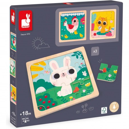 Puzzles bois bébé - Puzzles animaux 9 pièces, enfant 18 mois - Janod