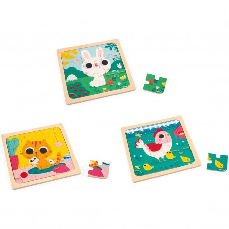Puzzles bois bébé - Puzzles animaux 9 pièces, enfant 18 mois - Janod