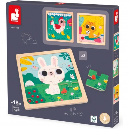 Puzzles bois bébé - Puzzles animaux 9 pièces, enfant 18 mois - Janod