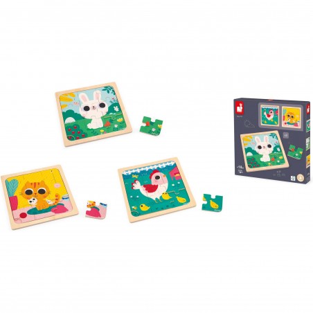 Puzzles bois bébé - Puzzles animaux 9 pièces, enfant 18 mois - Janod
