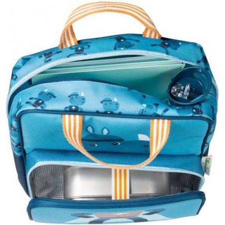 Sac à dos bleu rhino avec poche isotherme pour conserver le déjeuner - Lilliputiens