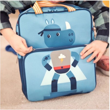 Sac à dos bleu rhino avec poche isotherme pour conserver le déjeuner - Lilliputiens