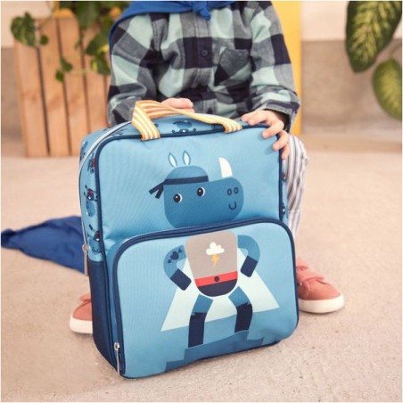 Sac à dos bleu rhino avec poche isotherme pour conserver le déjeuner - Lilliputiens